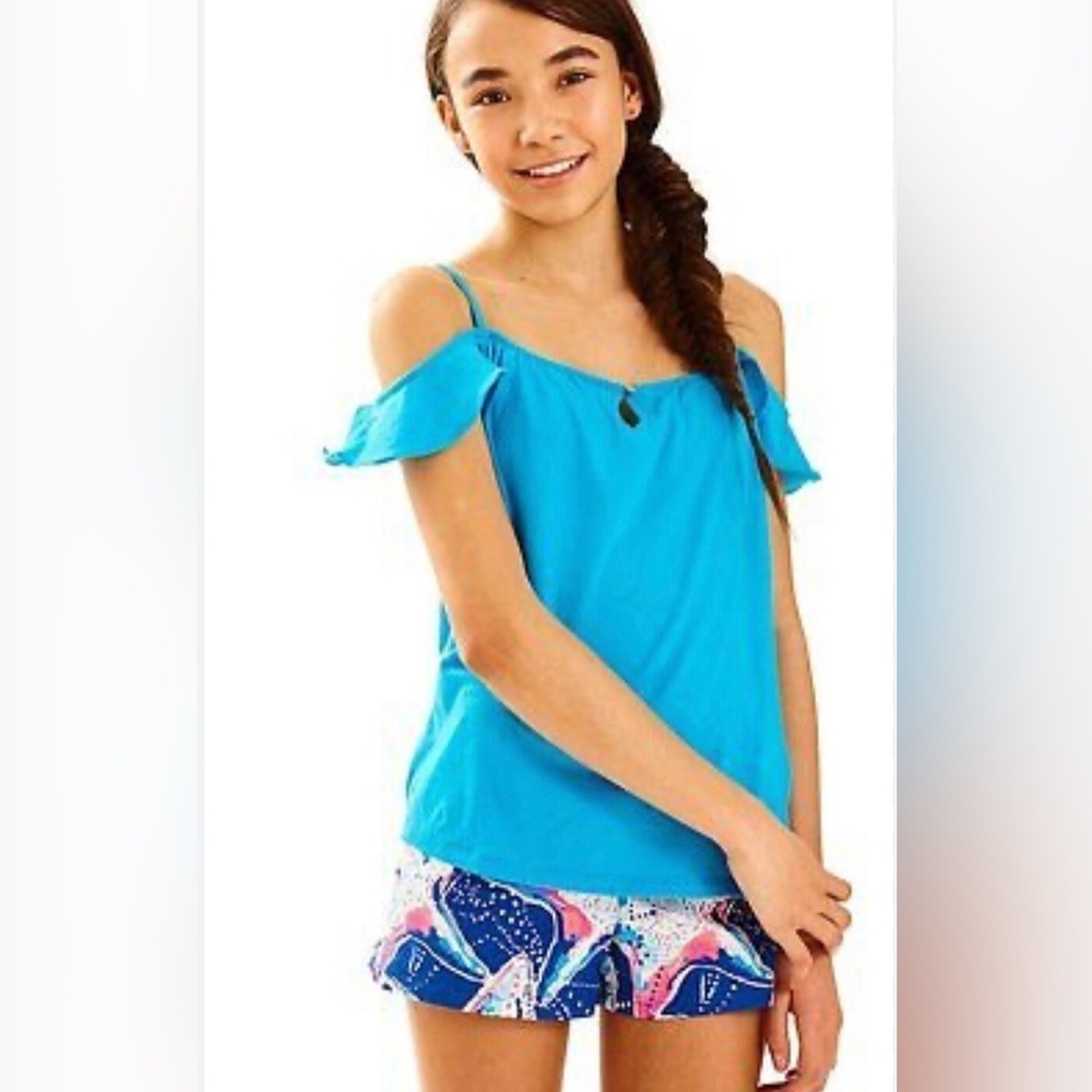 Lilly Pulitzer Girls XL (12-14) Layne Blue Knit Cold Shoulder Top - EUC!